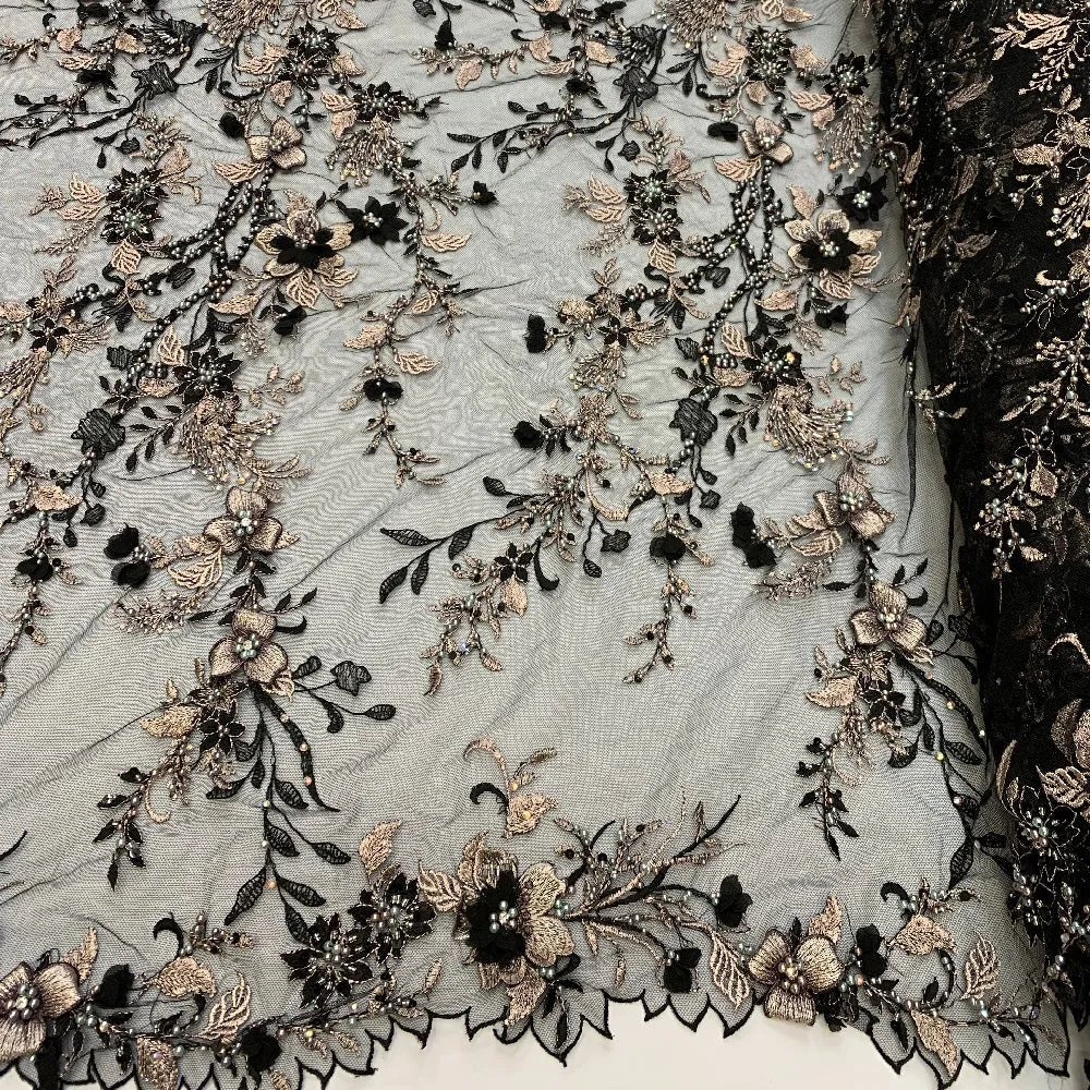 2020 Most Expensive Lace 3D Flowers/Floral Embroidery Beaded Mesh Lace Fabric With Beads And Pearls