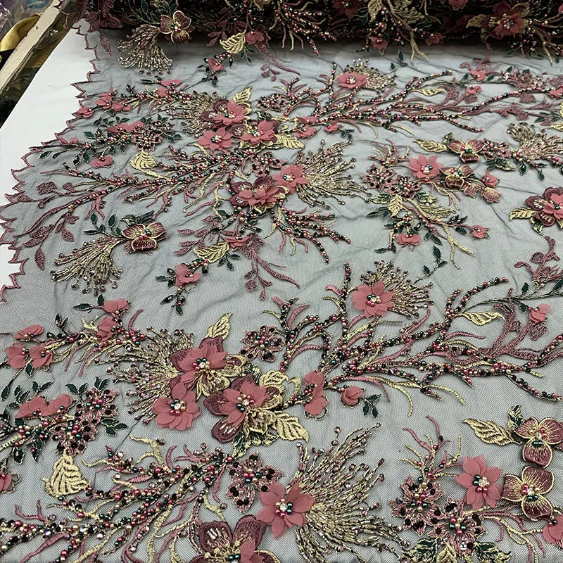 2020 Most Expensive Lace 3D Flowers/Floral Embroidery Beaded Mesh Lace Fabric With Beads And Pearls