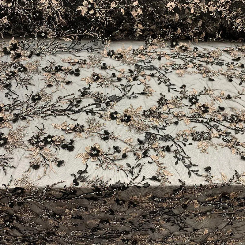 2020 Most Expensive Lace 3D Flowers/Floral Embroidery Beaded Mesh Lace Fabric With Beads And Pearls