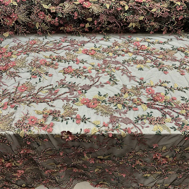 2020 Most Expensive Lace 3D Flowers/Floral Embroidery Beaded Mesh Lace Fabric With Beads And Pearls