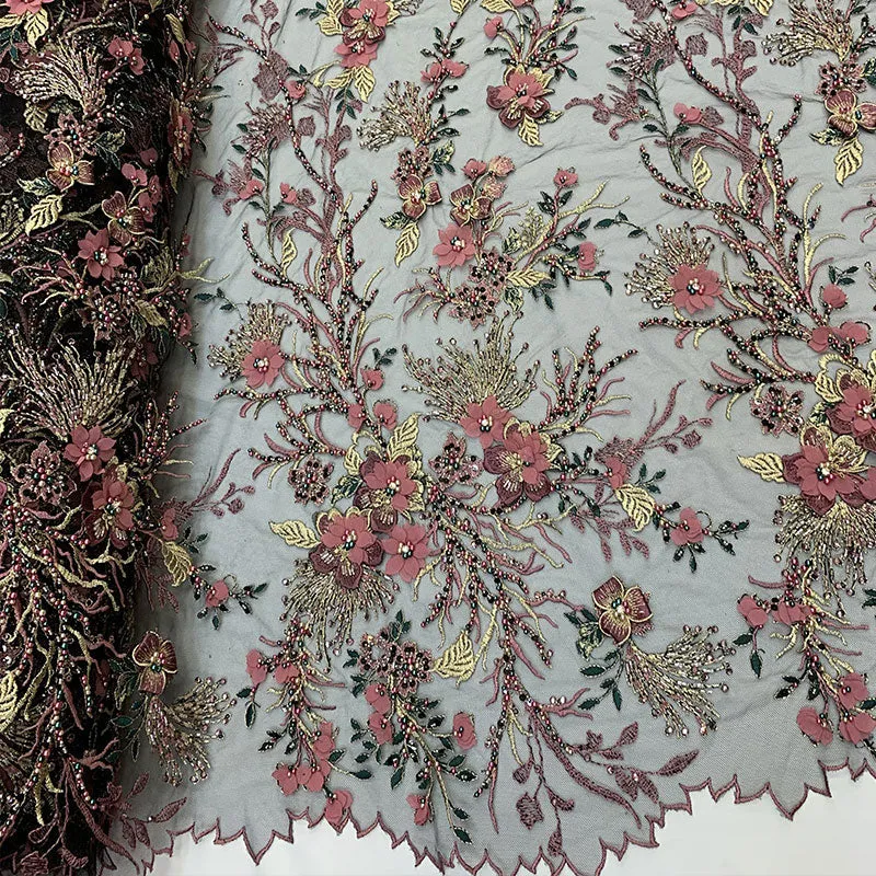 2020 Most Expensive Lace 3D Flowers/Floral Embroidery Beaded Mesh Lace Fabric With Beads And Pearls