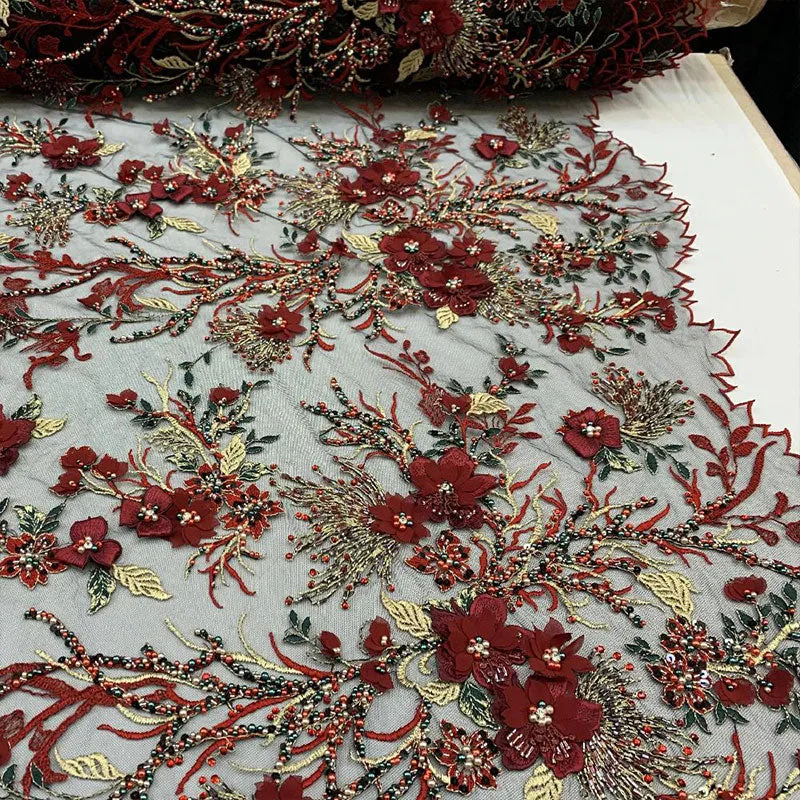 2020 Most Expensive Lace 3D Flowers/Floral Embroidery Beaded Mesh Lace Fabric With Beads And Pearls