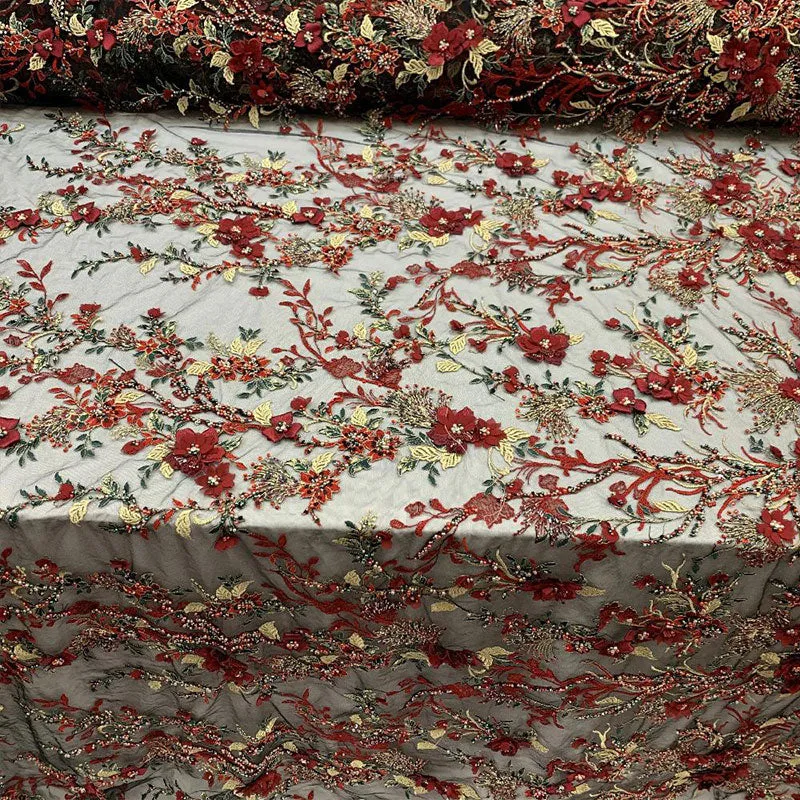2020 Most Expensive Lace 3D Flowers/Floral Embroidery Beaded Mesh Lace Fabric With Beads And Pearls