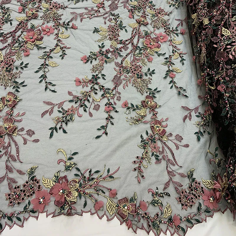 2020 Most Expensive Lace 3D Flowers/Floral Embroidery Beaded Mesh Lace Fabric With Beads And Pearls