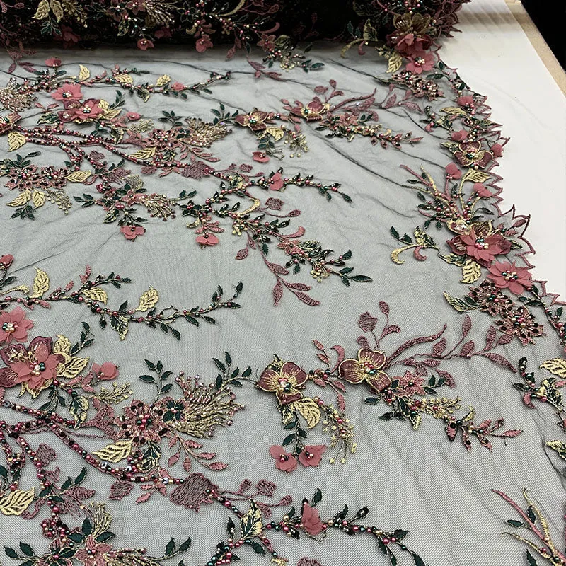 2020 Most Expensive Lace 3D Flowers/Floral Embroidery Beaded Mesh Lace Fabric With Beads And Pearls