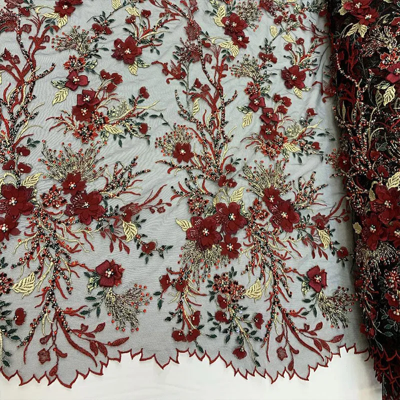2020 Most Expensive Lace 3D Flowers/Floral Embroidery Beaded Mesh Lace Fabric With Beads And Pearls