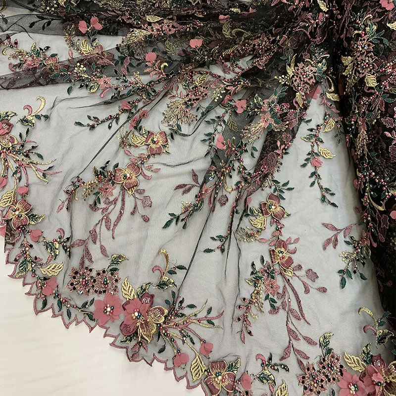 2020 Most Expensive Lace 3D Flowers/Floral Embroidery Beaded Mesh Lace Fabric With Beads And Pearls