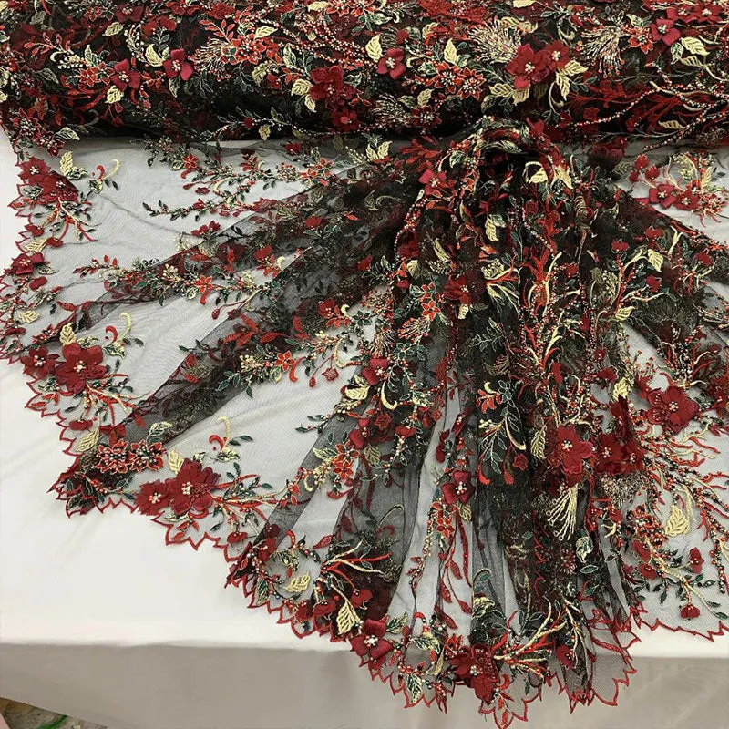 2020 Most Expensive Lace 3D Flowers/Floral Embroidery Beaded Mesh Lace Fabric With Beads And Pearls