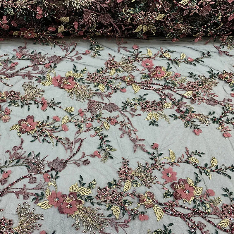 2020 Most Expensive Lace 3D Flowers/Floral Embroidery Beaded Mesh Lace Fabric With Beads And Pearls