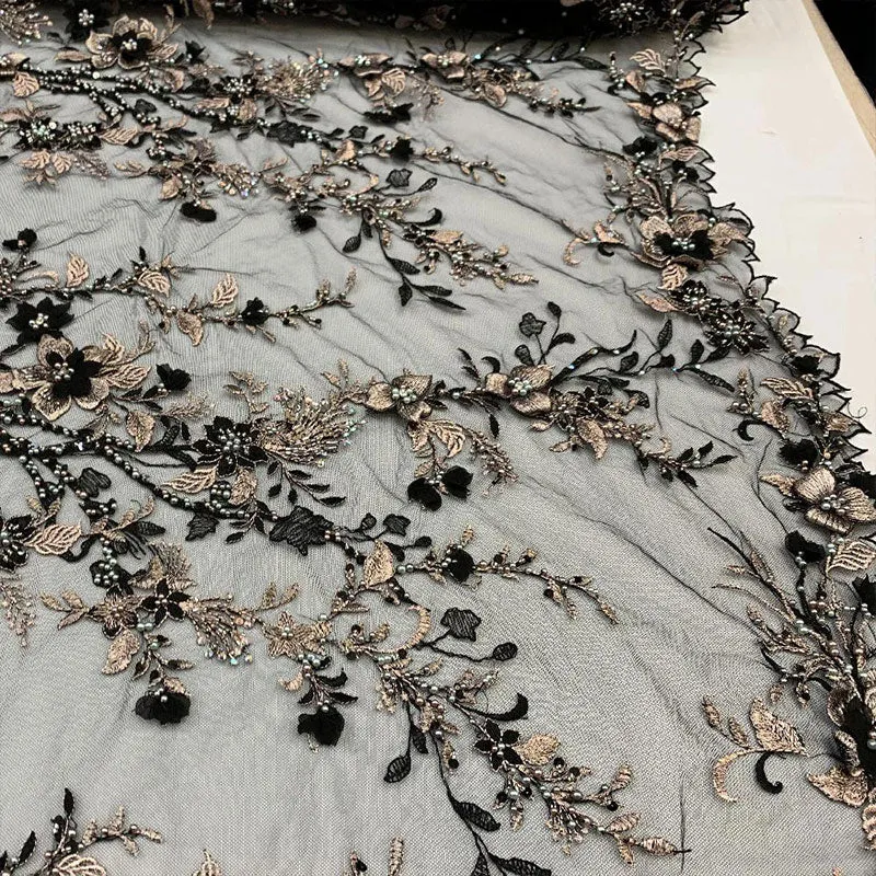 2020 Most Expensive Lace 3D Flowers/Floral Embroidery Beaded Mesh Lace Fabric With Beads And Pearls