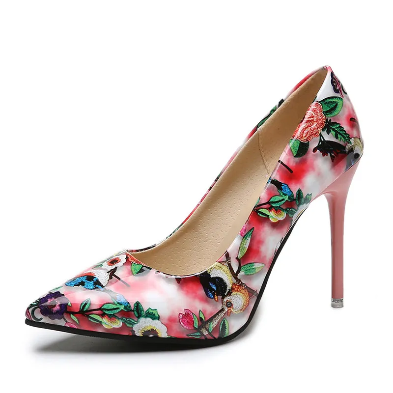 (35-45) Women Big Size Shoes Oriental Floral Pointed Stiletto Heels