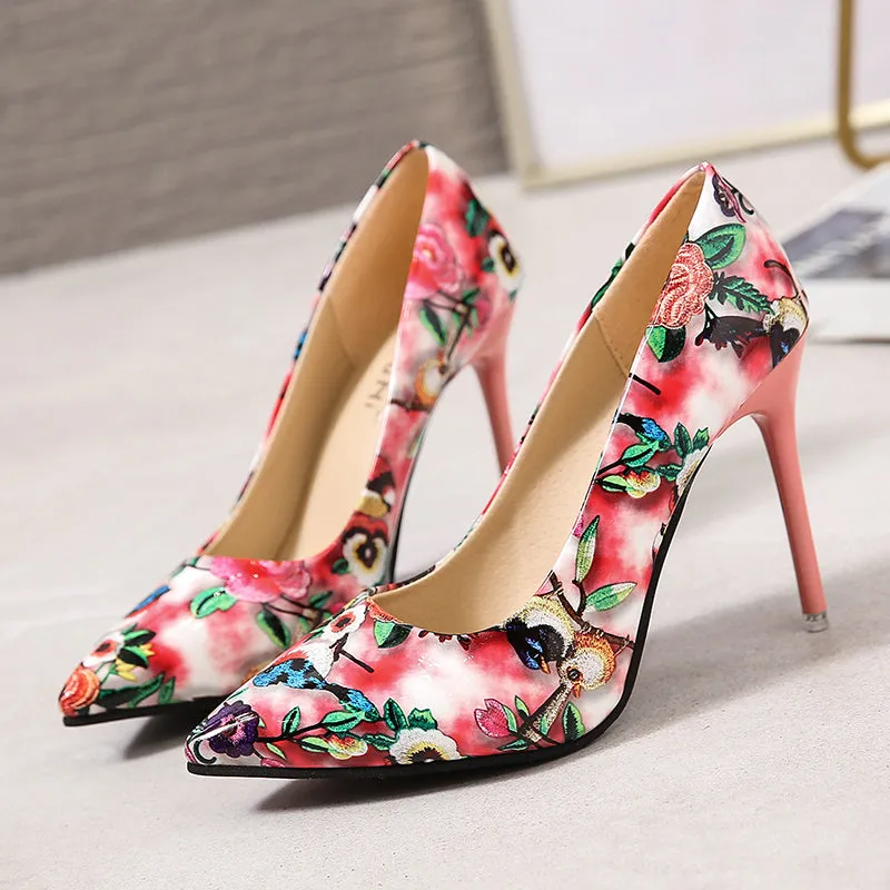 (35-45) Women Big Size Shoes Oriental Floral Pointed Stiletto Heels