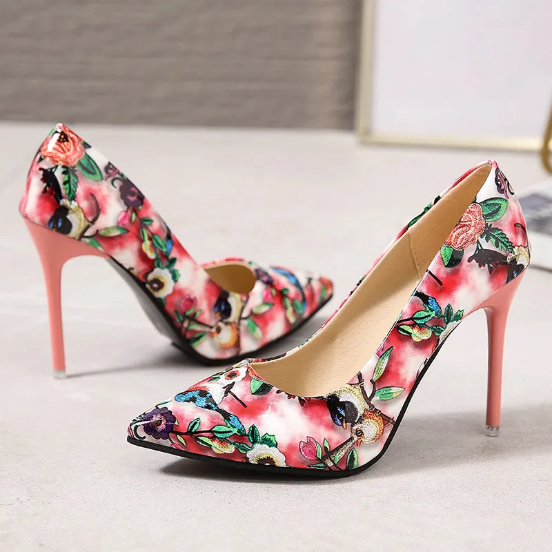 (35-45) Women Big Size Shoes Oriental Floral Pointed Stiletto Heels