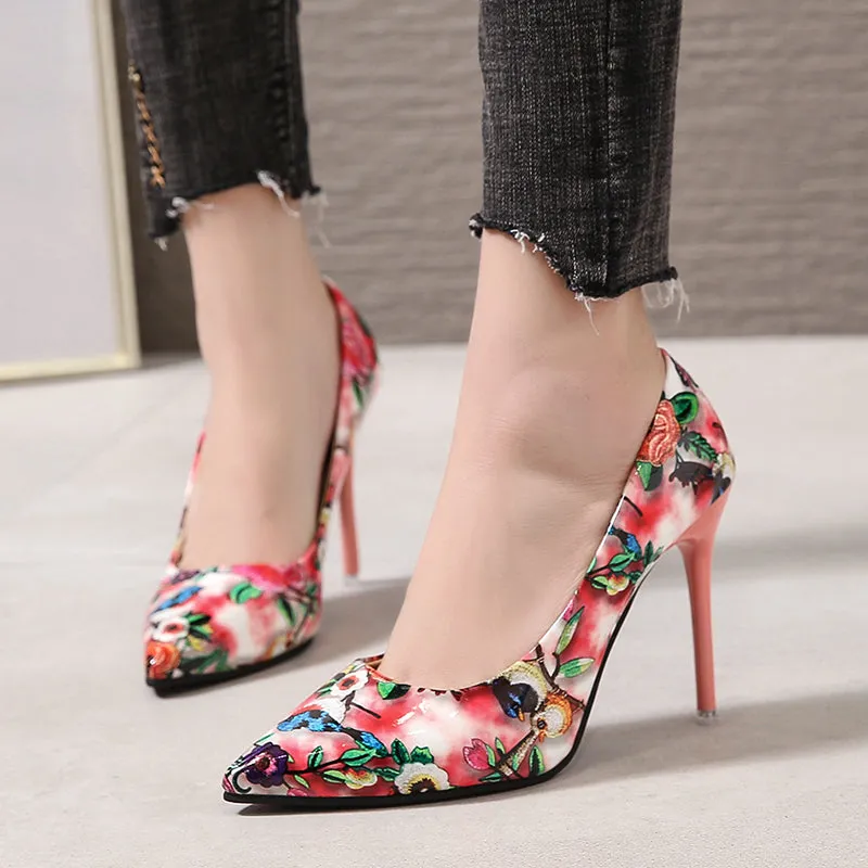 (35-45) Women Big Size Shoes Oriental Floral Pointed Stiletto Heels