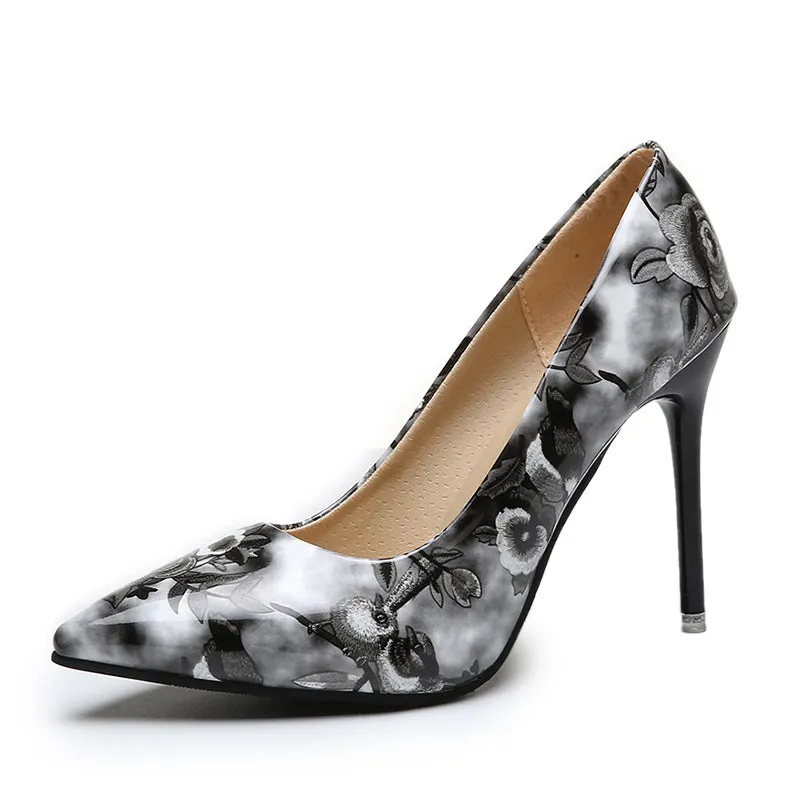 (35-45) Women Big Size Shoes Oriental Floral Pointed Stiletto Heels