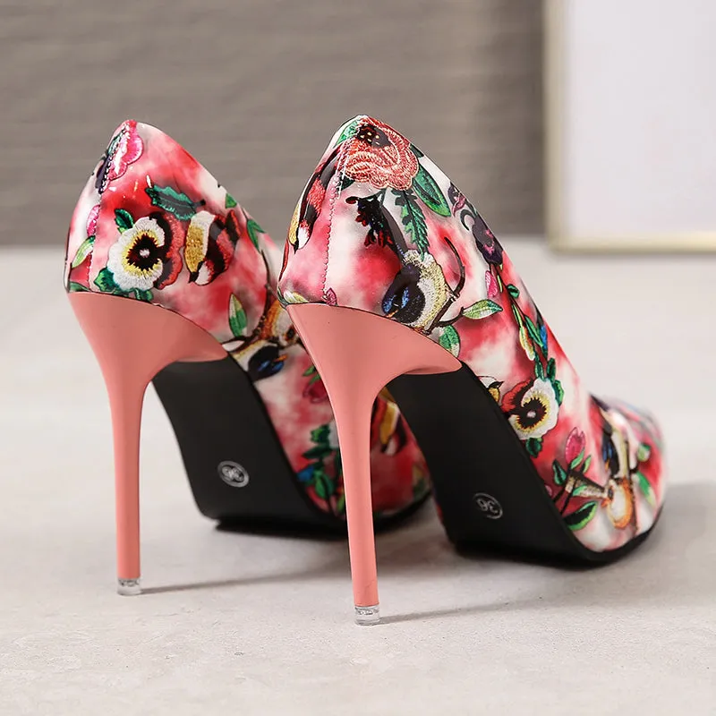 (35-45) Women Big Size Shoes Oriental Floral Pointed Stiletto Heels