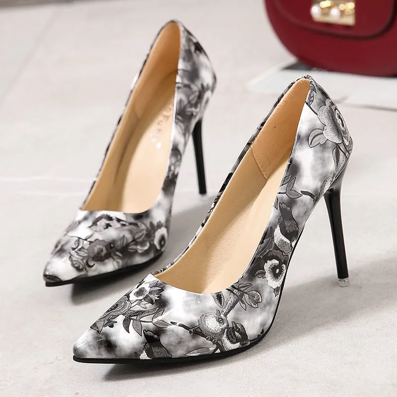 (35-45) Women Big Size Shoes Oriental Floral Pointed Stiletto Heels