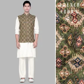 Albescent Cream With Finch Green And Coffee Brown MultiColour Designer Embroidered Nehru Jacket Albescent Cream With Finch Green And Coffee Brown MultiColour Designer Embroidered Nehru Jacket