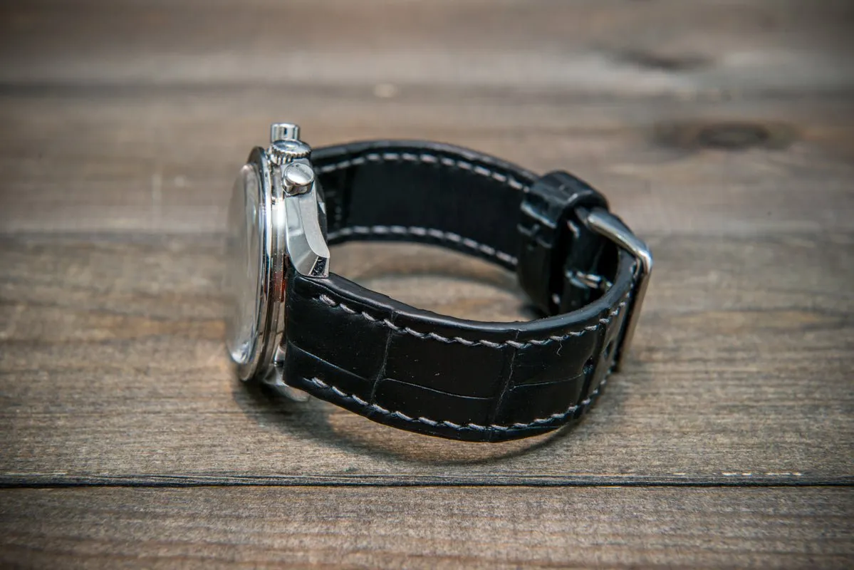Alligator watch strap, Black matte, handmade in Finland