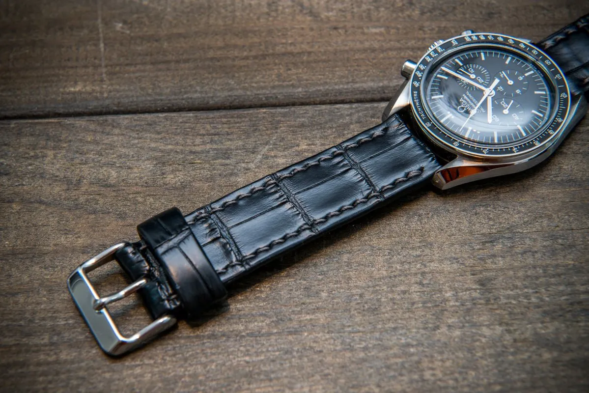 Alligator watch strap, Black matte, handmade in Finland