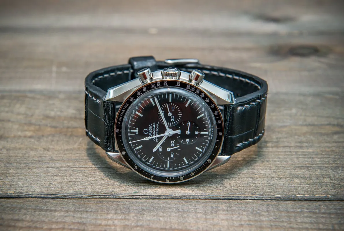 Alligator watch strap, Black matte, handmade in Finland