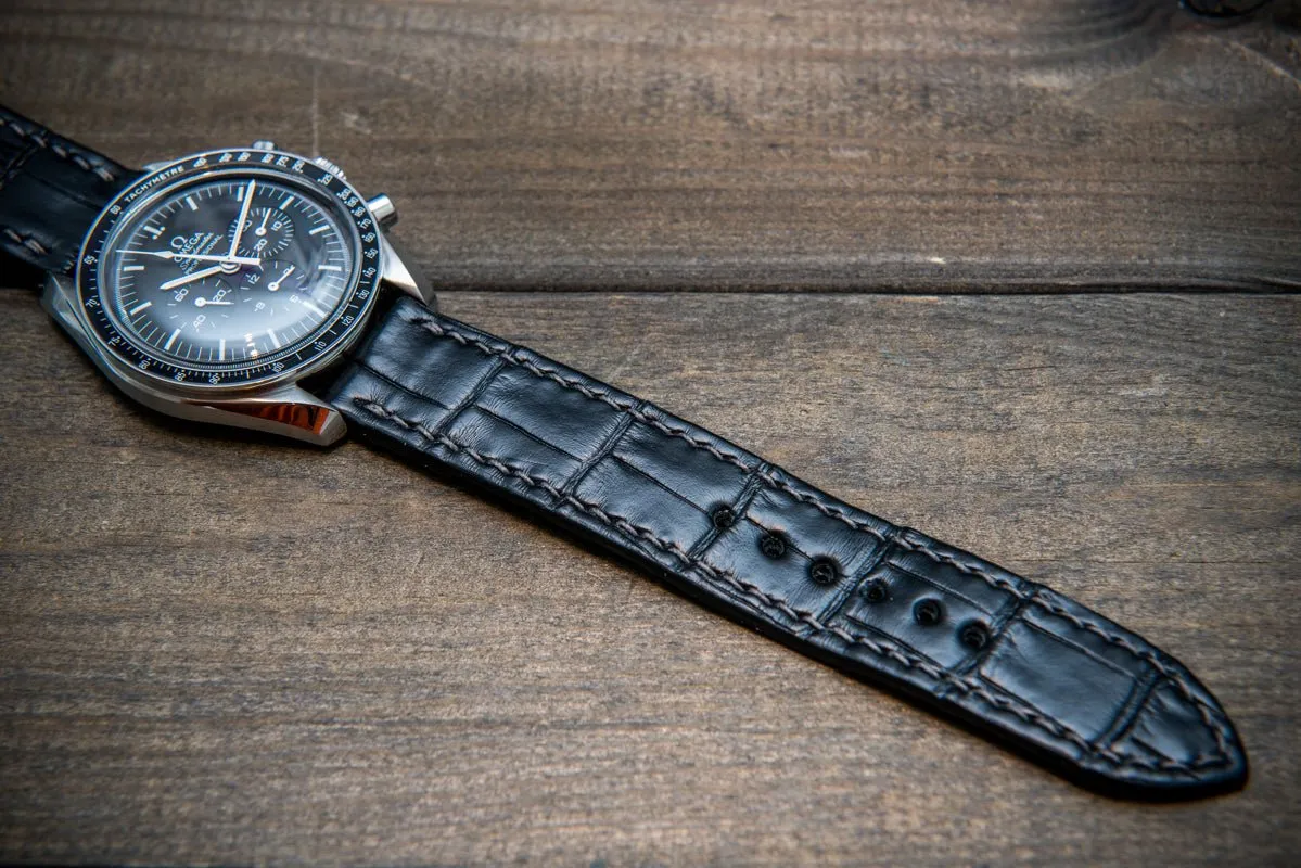Alligator watch strap, Black matte, handmade in Finland