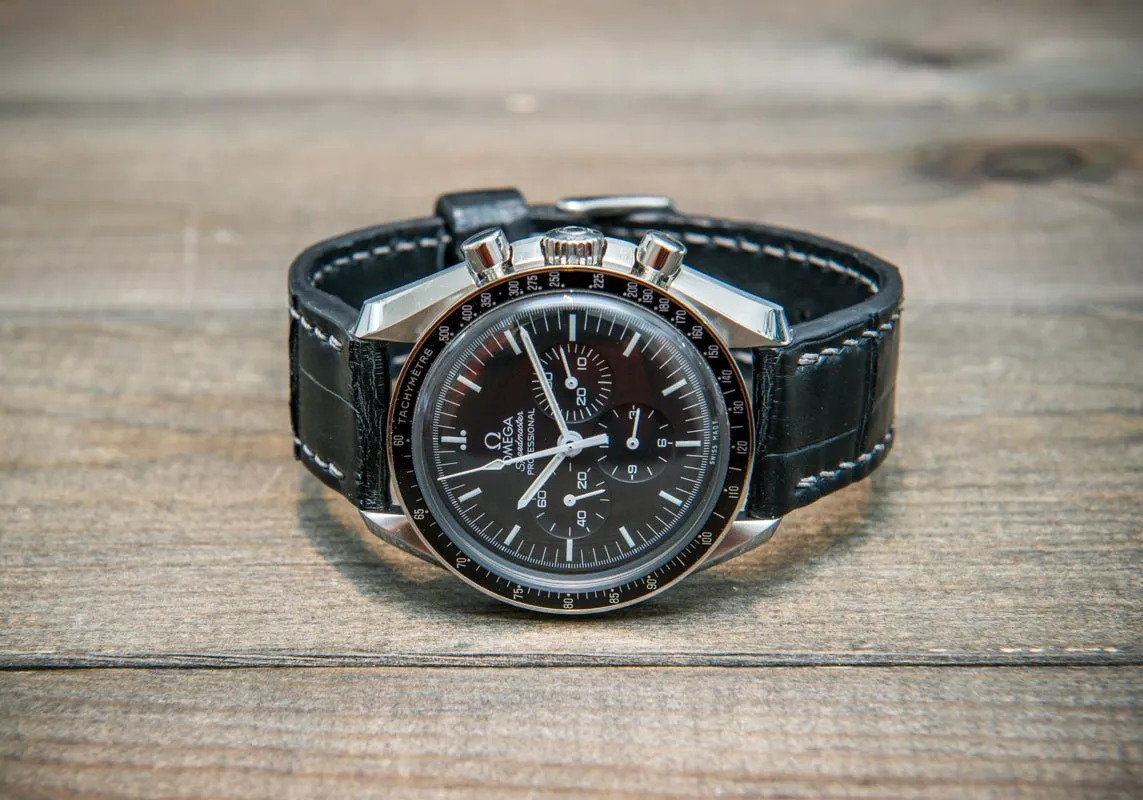 Alligator watch strap, Black matte, handmade in Finland
