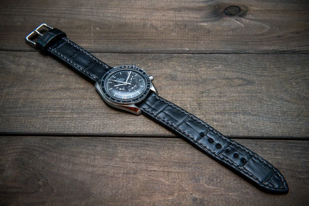 Alligator watch strap, Black matte, handmade in Finland