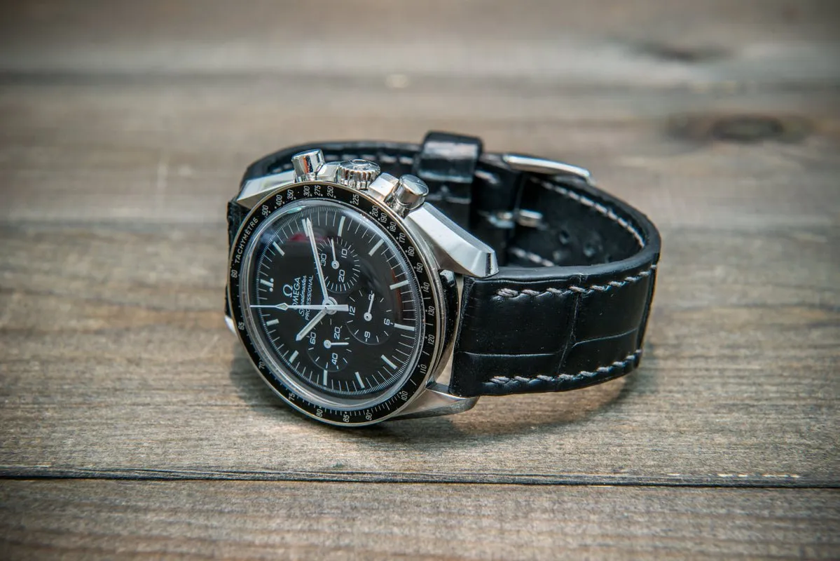 Alligator watch strap, Black matte, handmade in Finland