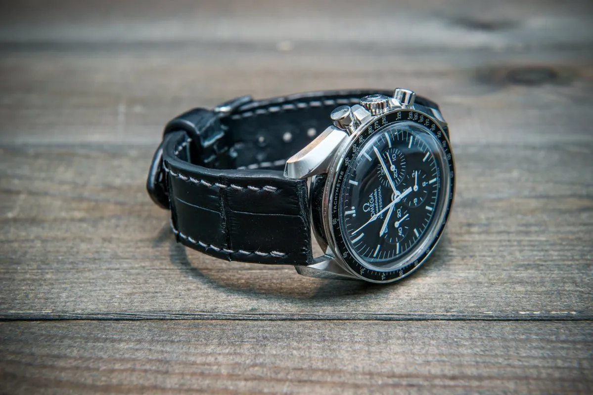 Alligator watch strap, Black matte, handmade in Finland