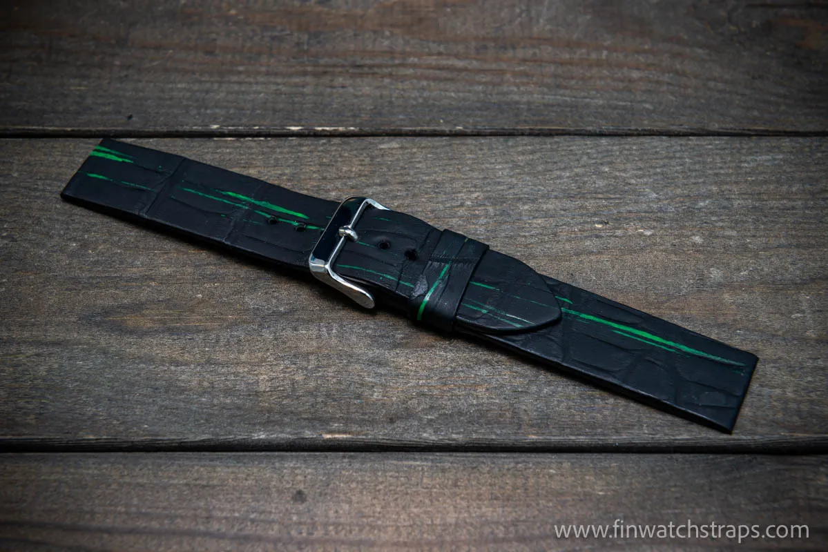Alligator watch strap, Black matte with neon paint, handmade in Finland, French Croco