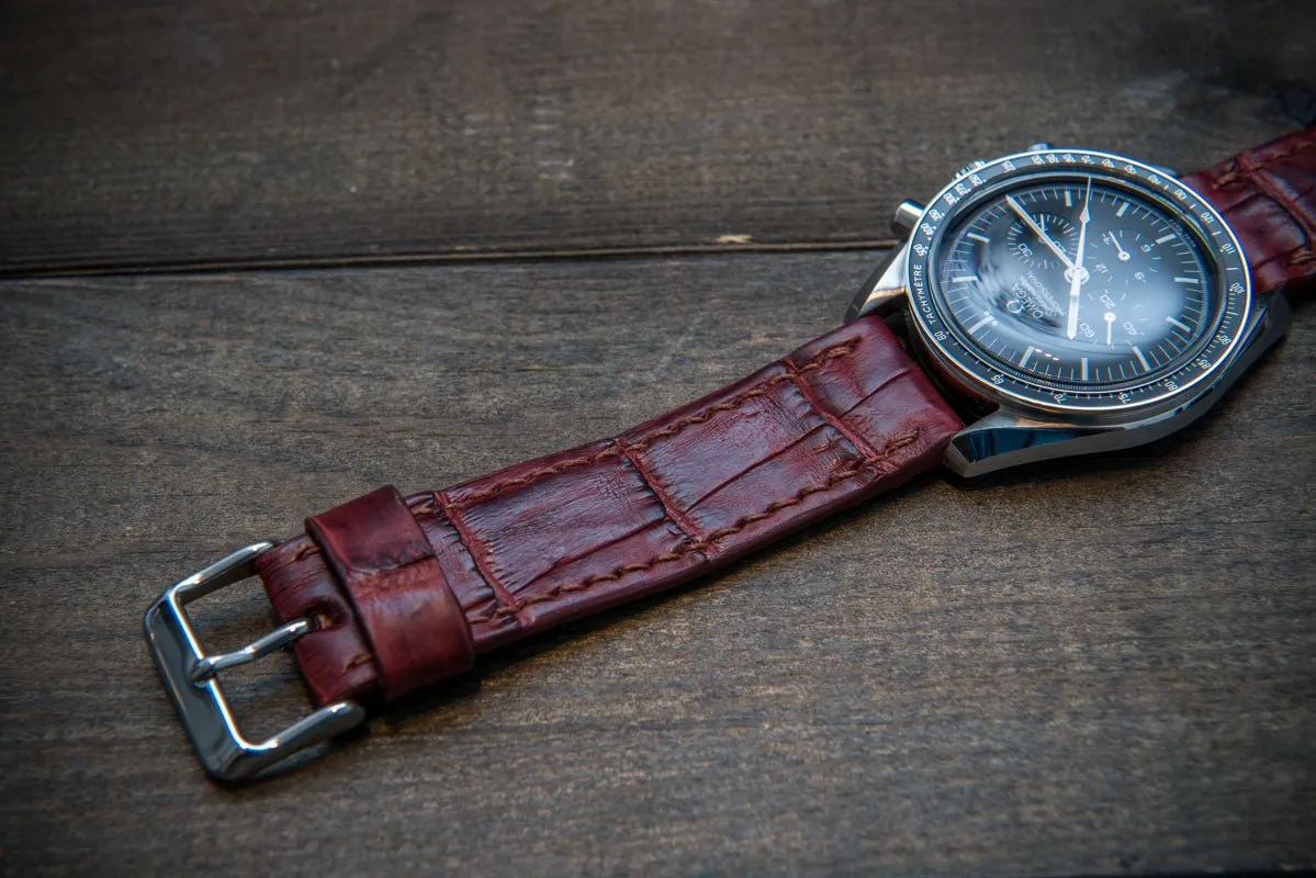 Alligator watch strap, Burgundy, handmade in Finland