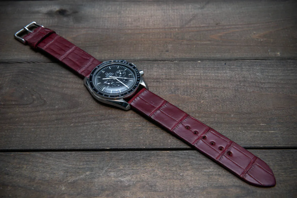 Alligator watch strap, Burgundy matte, French Croco, handmade in Finland
