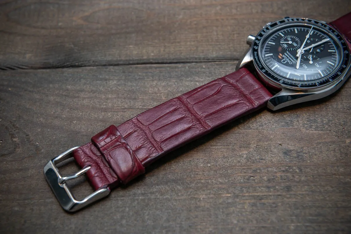 Alligator watch strap, Burgundy matte, French Croco, handmade in Finland