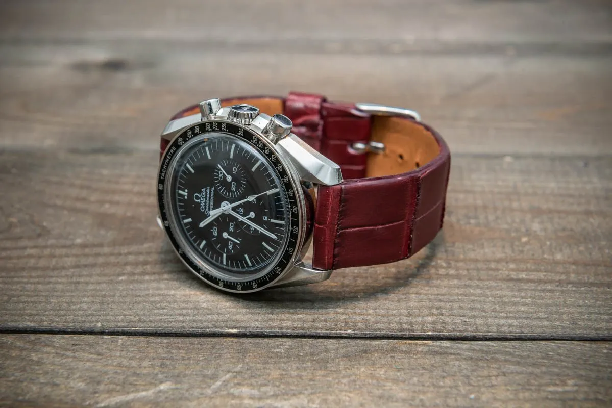 Alligator watch strap, Burgundy matte, French Croco, handmade in Finland