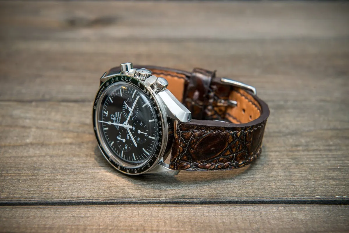 Alligator watch strap, dark brown, handmade in Finland