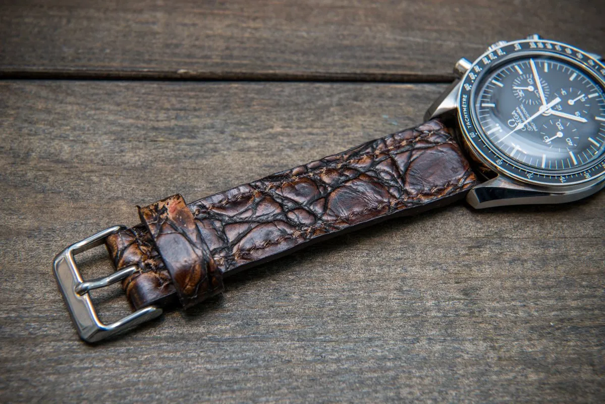 Alligator watch strap, dark brown, handmade in Finland