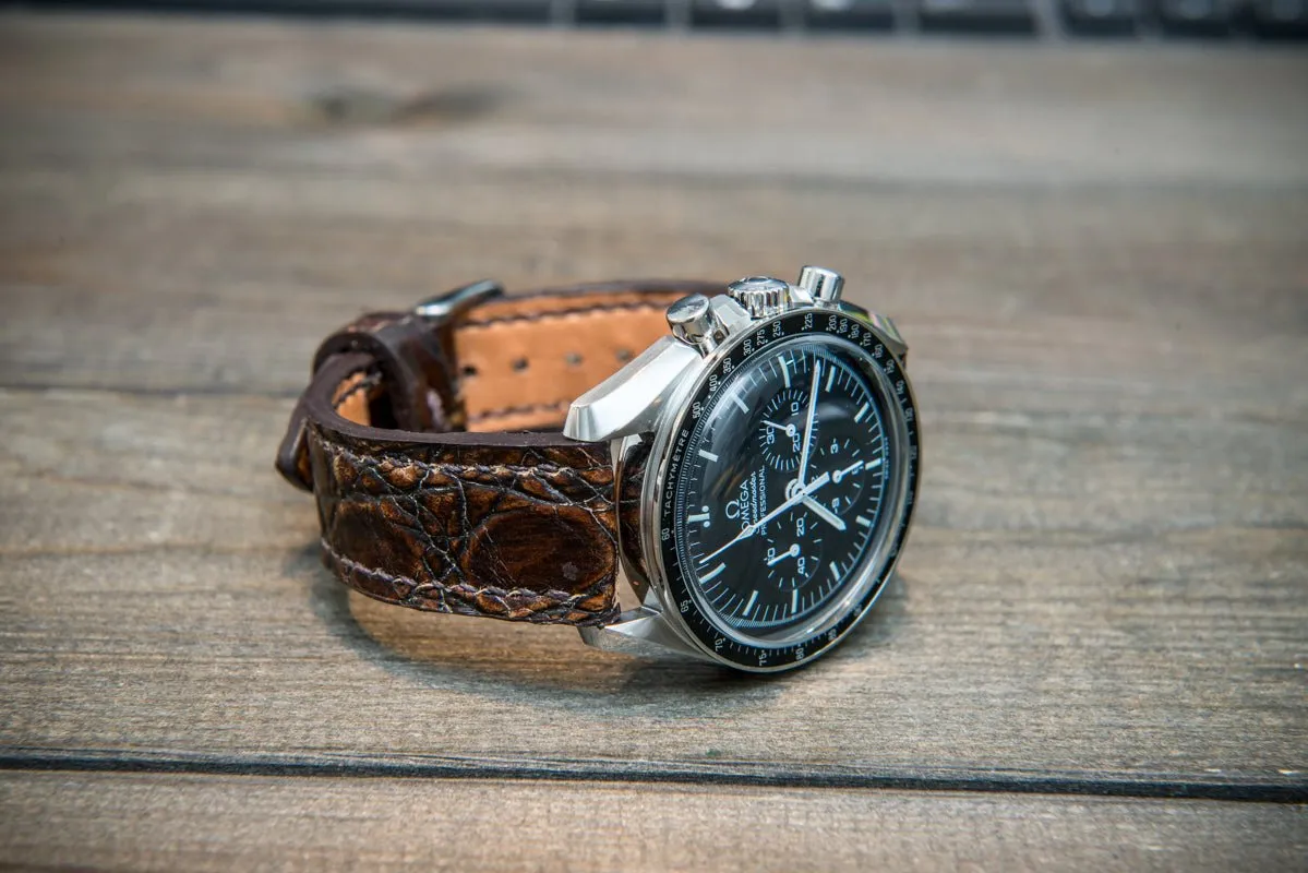 Alligator watch strap, dark brown, handmade in Finland