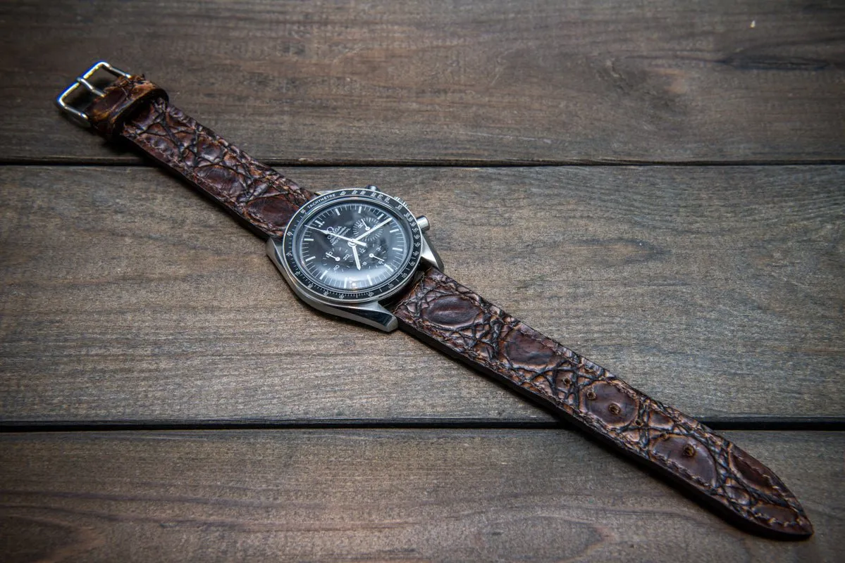 Alligator watch strap, dark brown, handmade in Finland