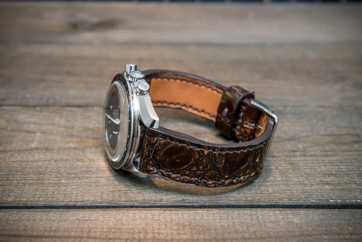 Alligator watch strap, dark brown, handmade in Finland