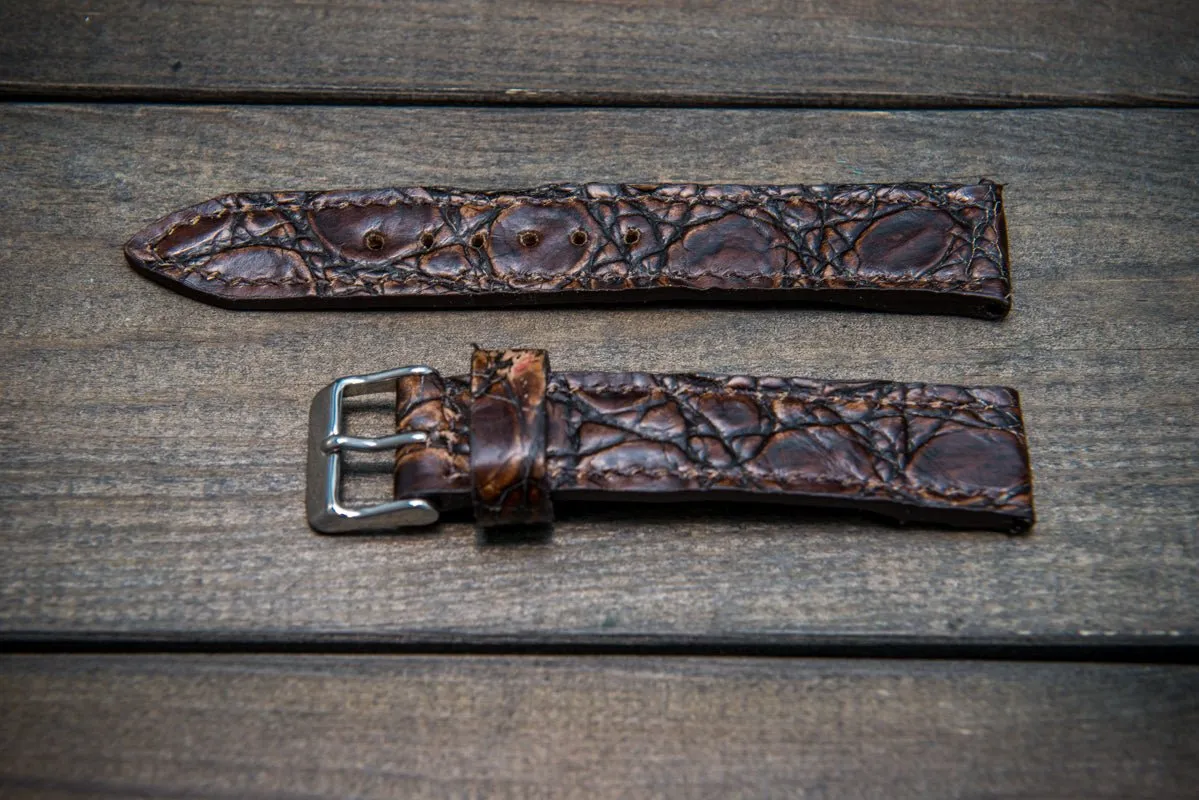 Alligator watch strap, dark brown, handmade in Finland