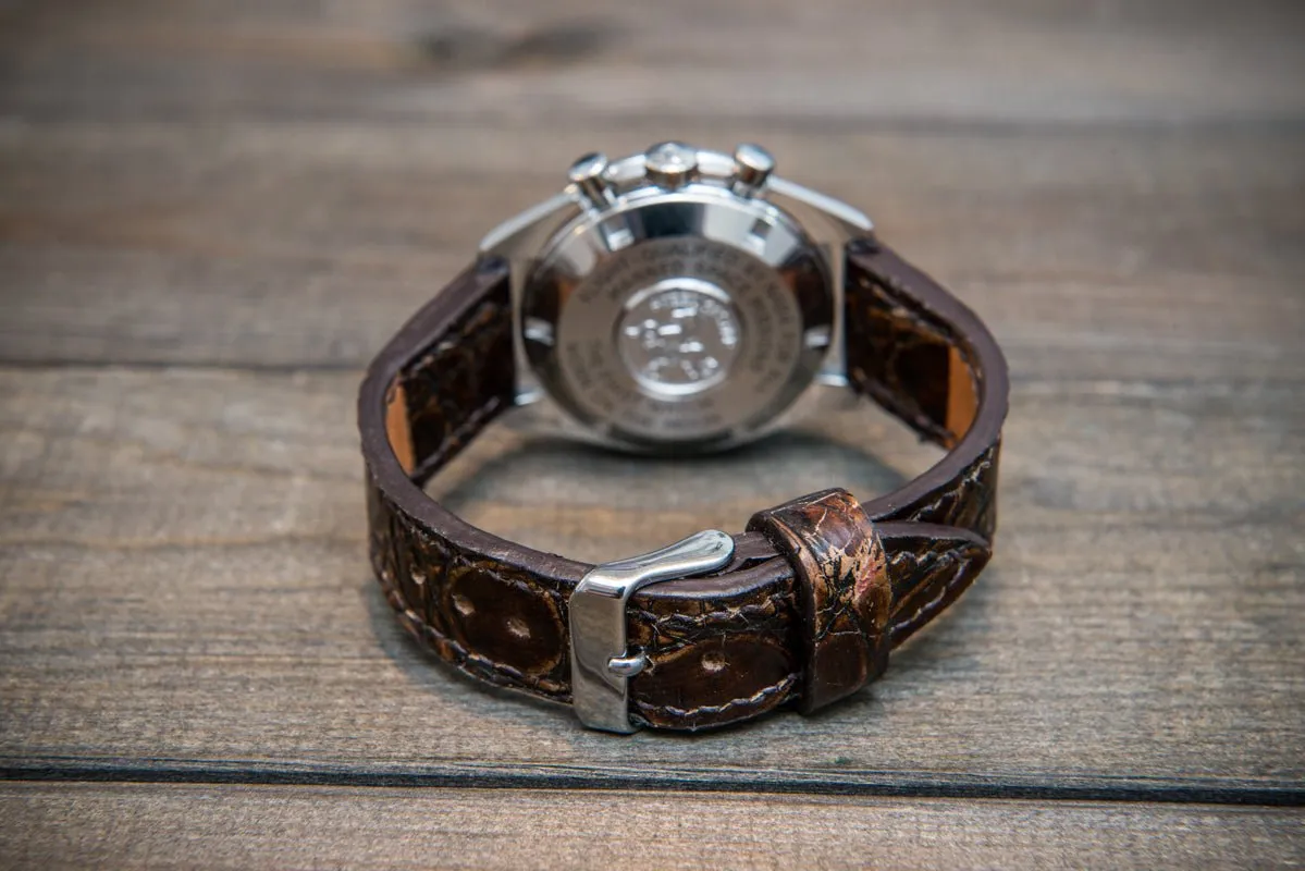 Alligator watch strap, dark brown, handmade in Finland