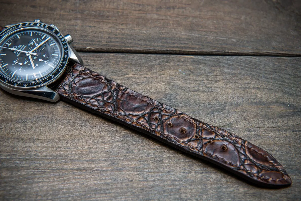 Alligator watch strap, dark brown, handmade in Finland