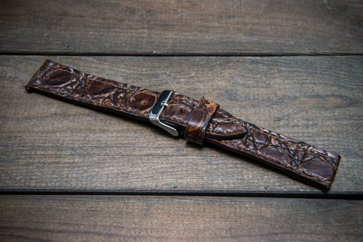 Alligator watch strap, dark brown, handmade in Finland