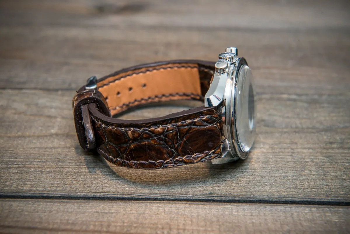 Alligator watch strap, dark brown, handmade in Finland