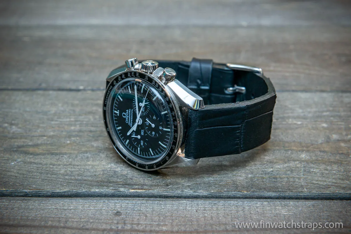Alligator watch strap, French Croco,  Black matte color,  handmade in Finland, 10-26 mm.