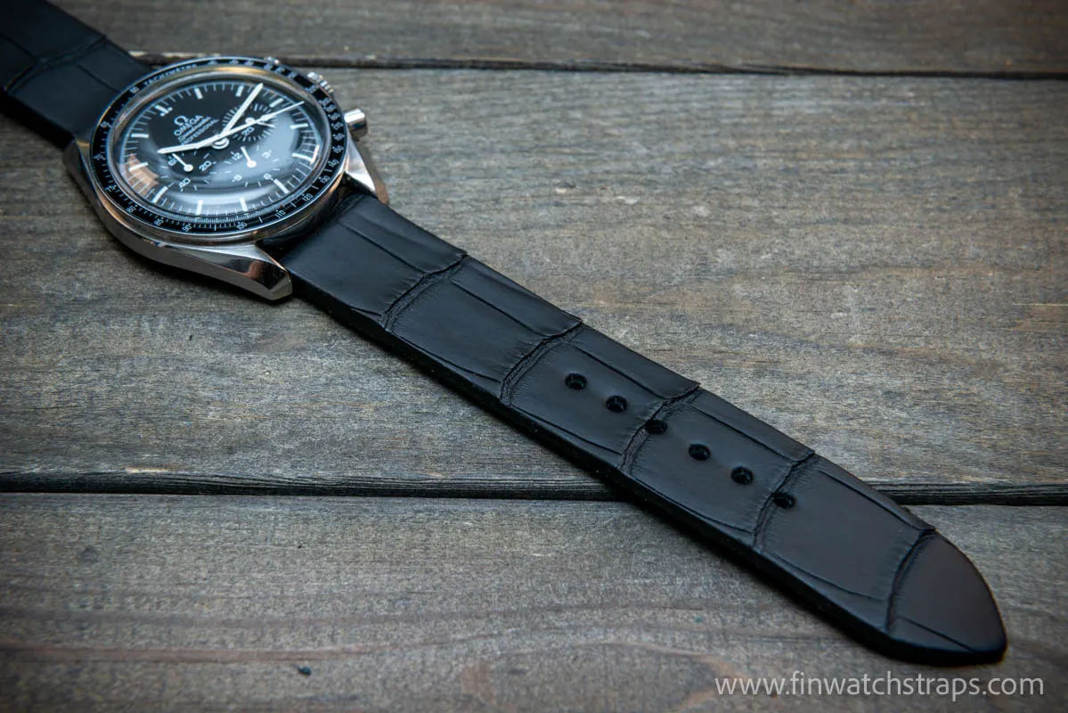 Alligator watch strap, French Croco,  Black matte color,  handmade in Finland, 10-26 mm.