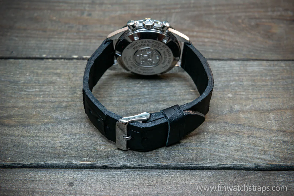 Alligator watch strap, French Croco,  Black matte color,  handmade in Finland, 10-26 mm.