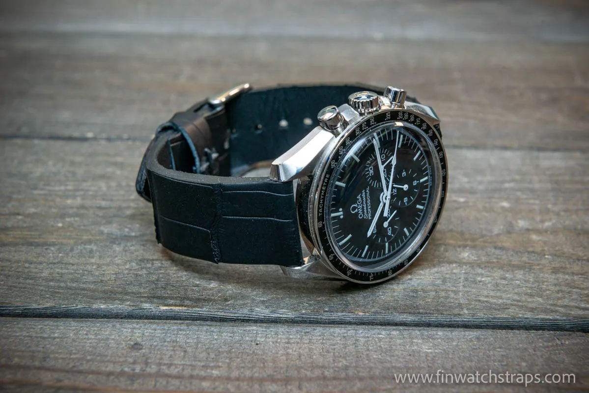 Alligator watch strap, French Croco,  Black matte color,  handmade in Finland, 10-26 mm.
