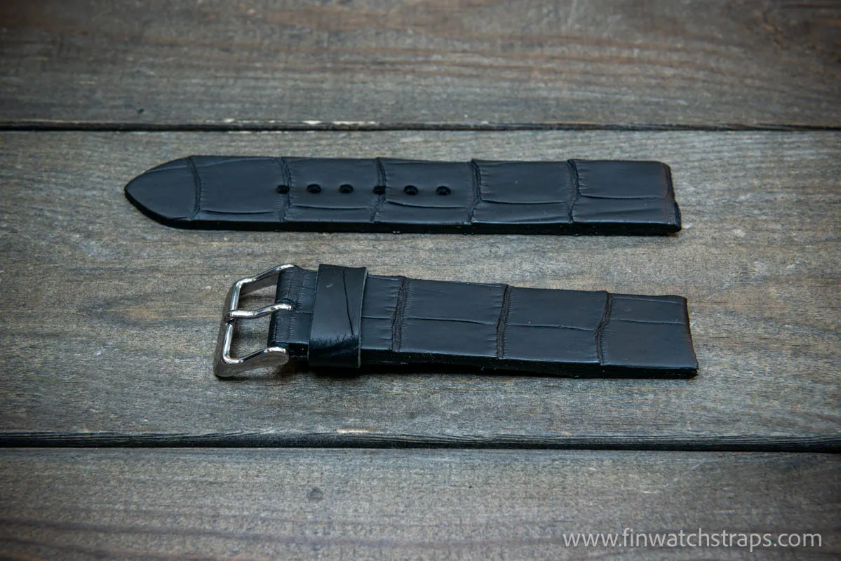 Alligator watch strap, French Croco,  Black matte color,  handmade in Finland, 10-26 mm.